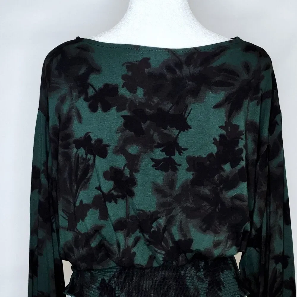 Madewell Forest Green Leafy Botanical Print Smocked Waist Top XS Cottagecore